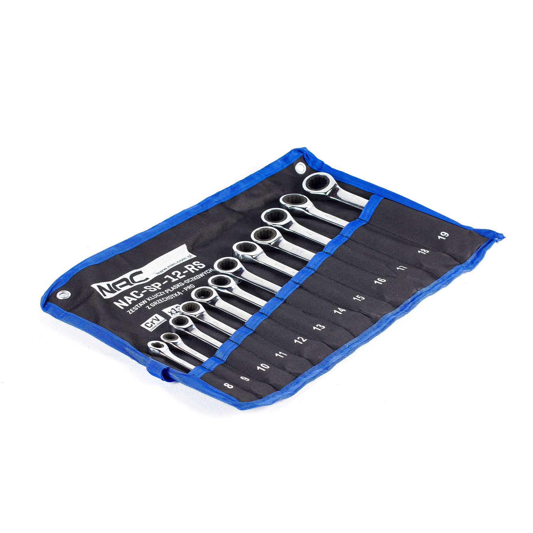 ZESTAW KLUCZY PŁASKO-OCZKOWYCH Z GRZECHOTKĄ 12 SZT. ETUI NAC-SP-12-RS 8-19