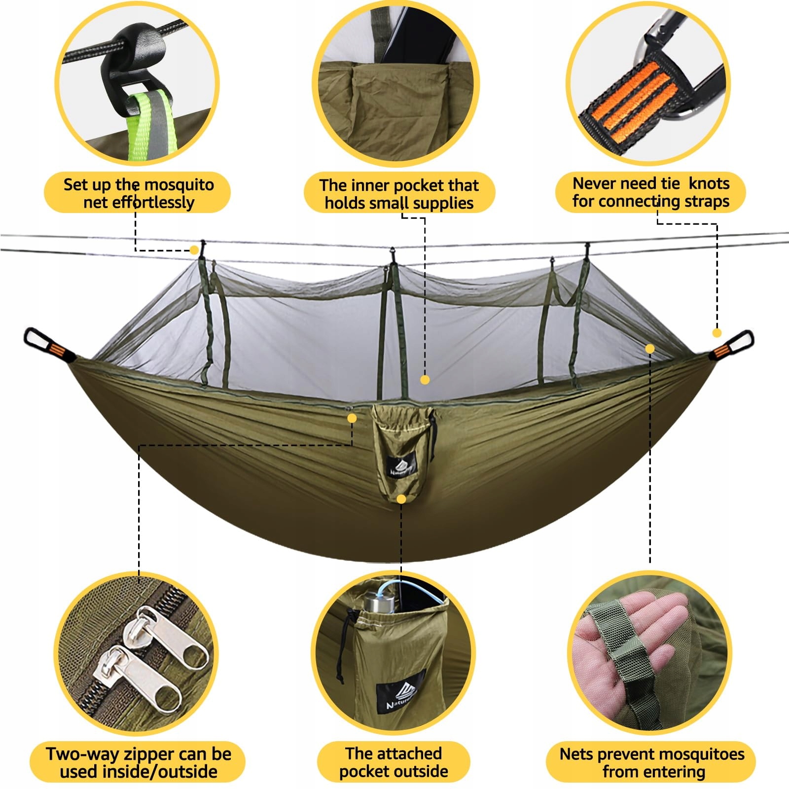 NATUREFUN Lekka Moskitiera Hamak Kempingowy 300x200cm 300kg Nylon Army Gree — miniatura 4