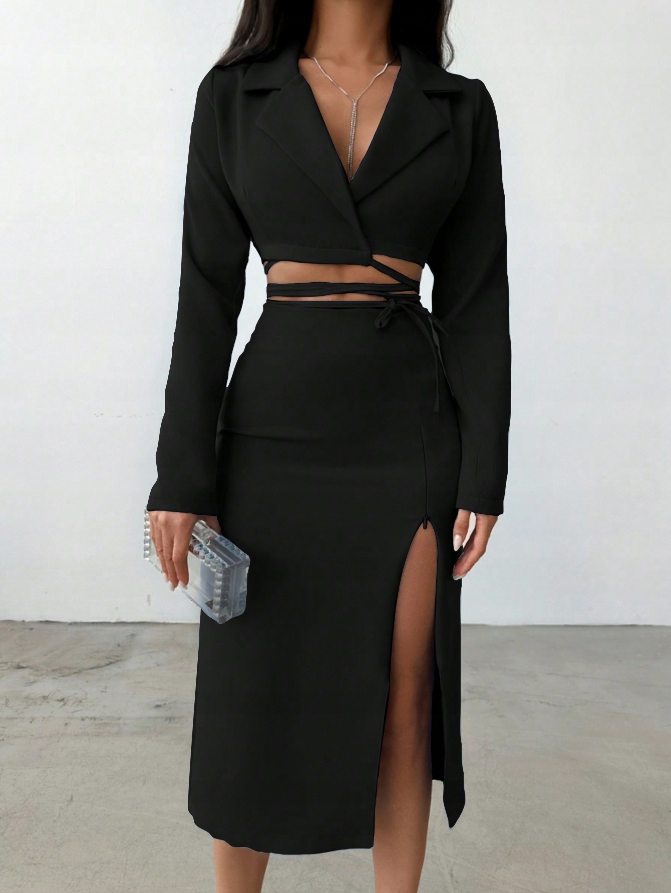Komplet Elegantní Sako Vázané Cropped Sukně Černá Shein L