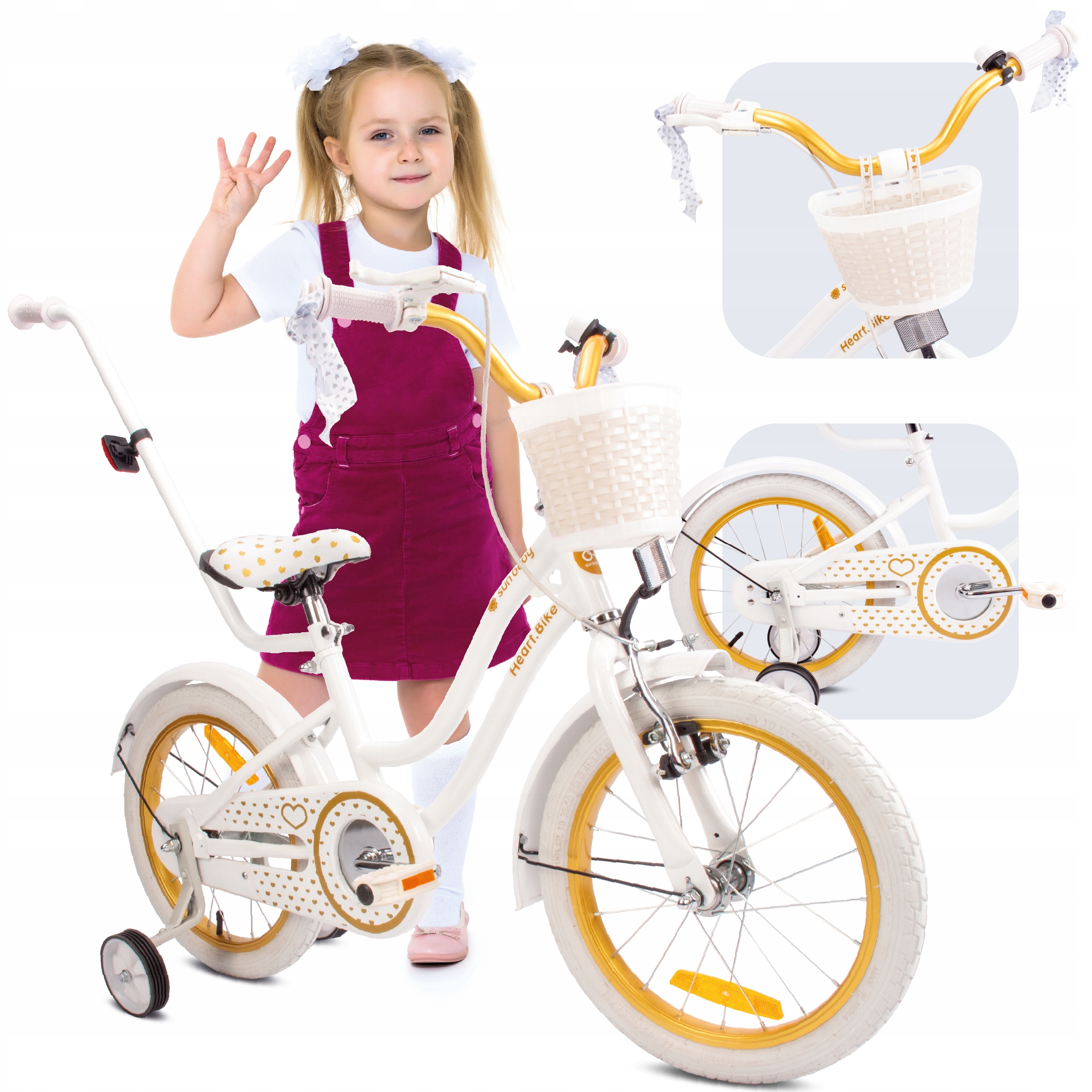 Rower 16 cali dziecięcy dla dziewczynki Pchacz Koszyk Kółka boczne 4-6 lat