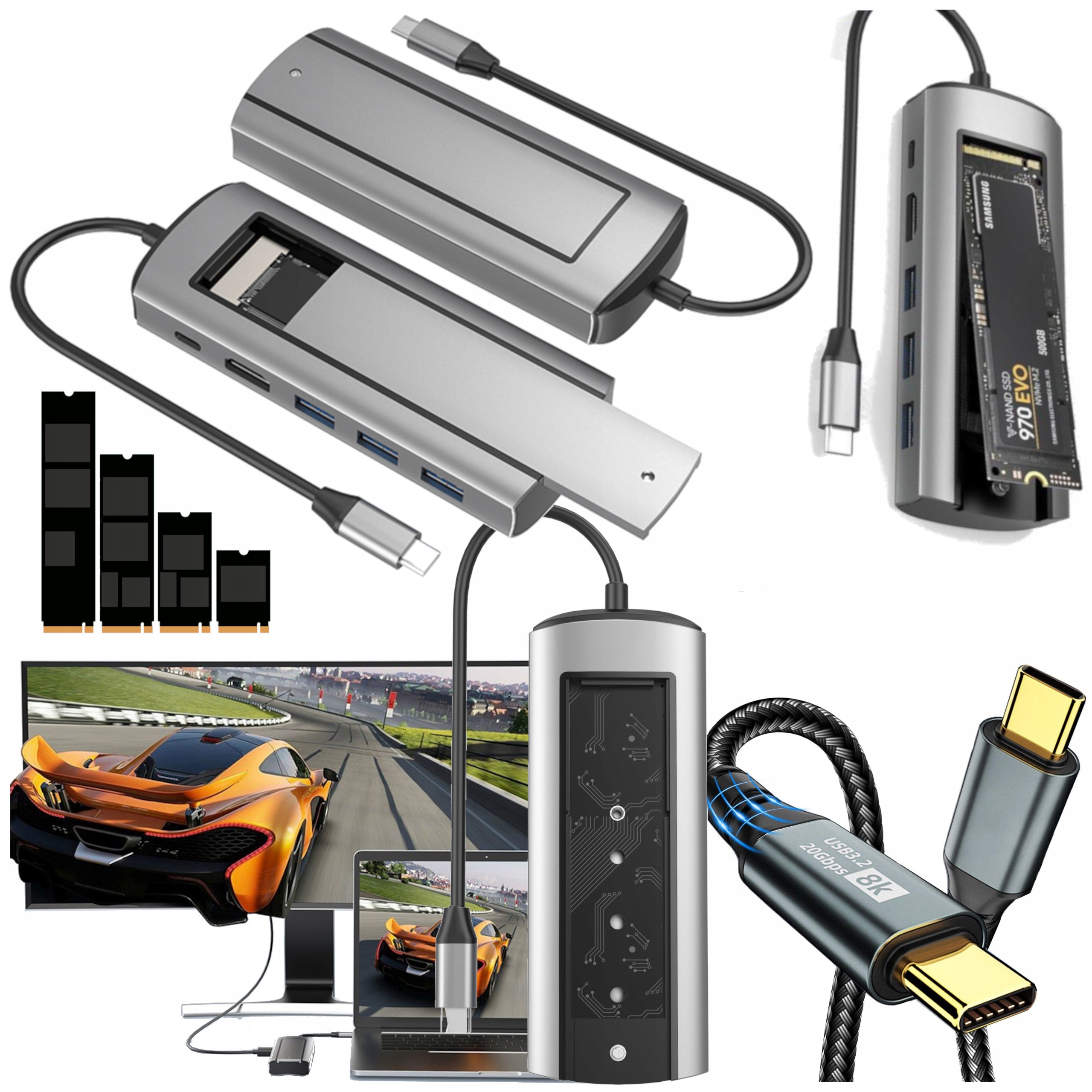 Kapsa na disk M2 pouzdro Ssd Usb C do 1TB dokovací stanice kabel PD100W 3m