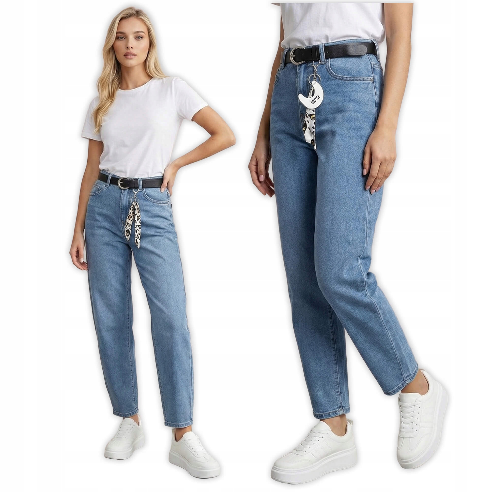Spodnie jeans damskie M.Sara Balloon z paskiem wysoki stan Niebieskie XXL