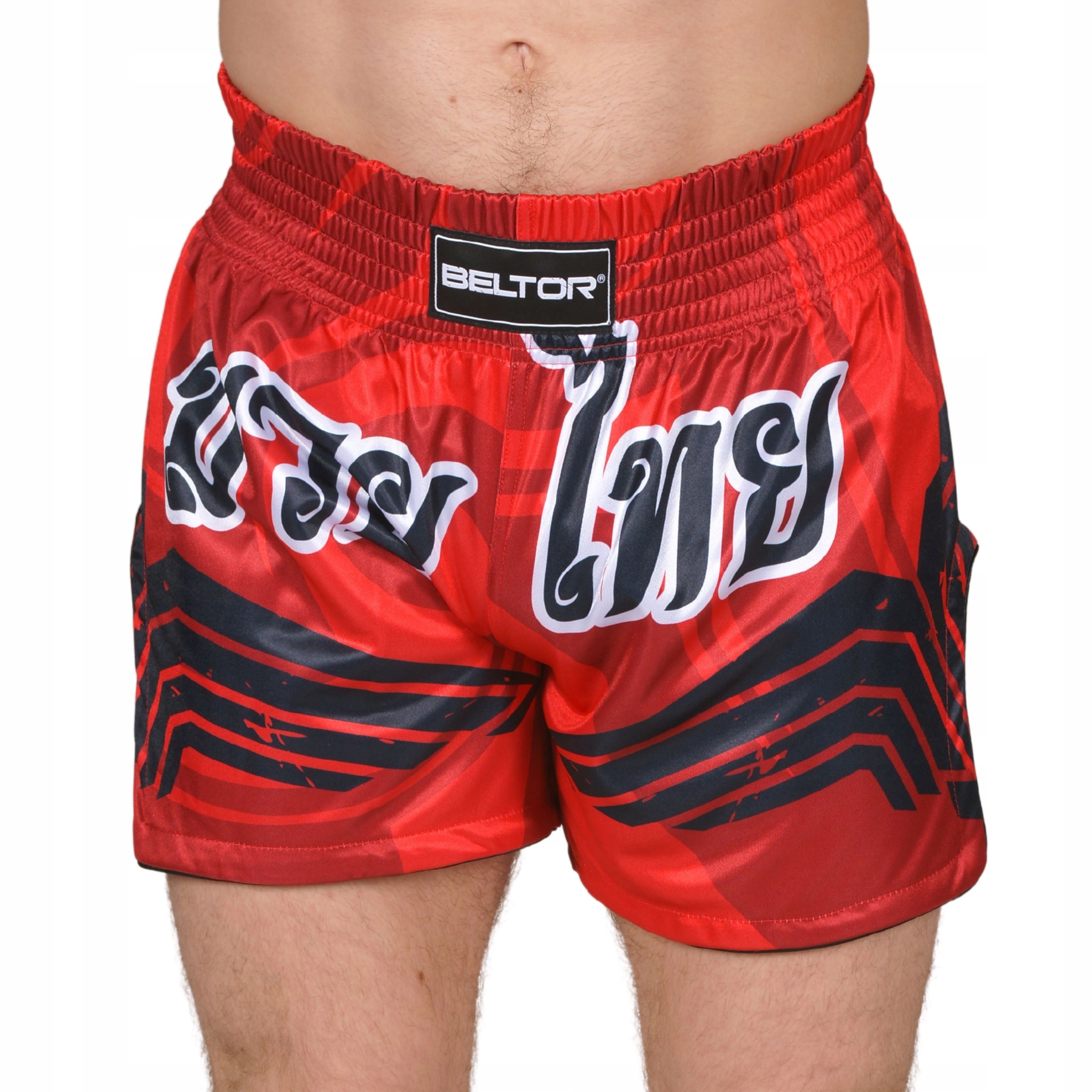 BELTOR KRÓTKIE SPODENKI TRENINGOWE MUAY THAI 01 CZERWONO CZARNE ROZMIAR XXL Linia plus size (duże rozmiary)