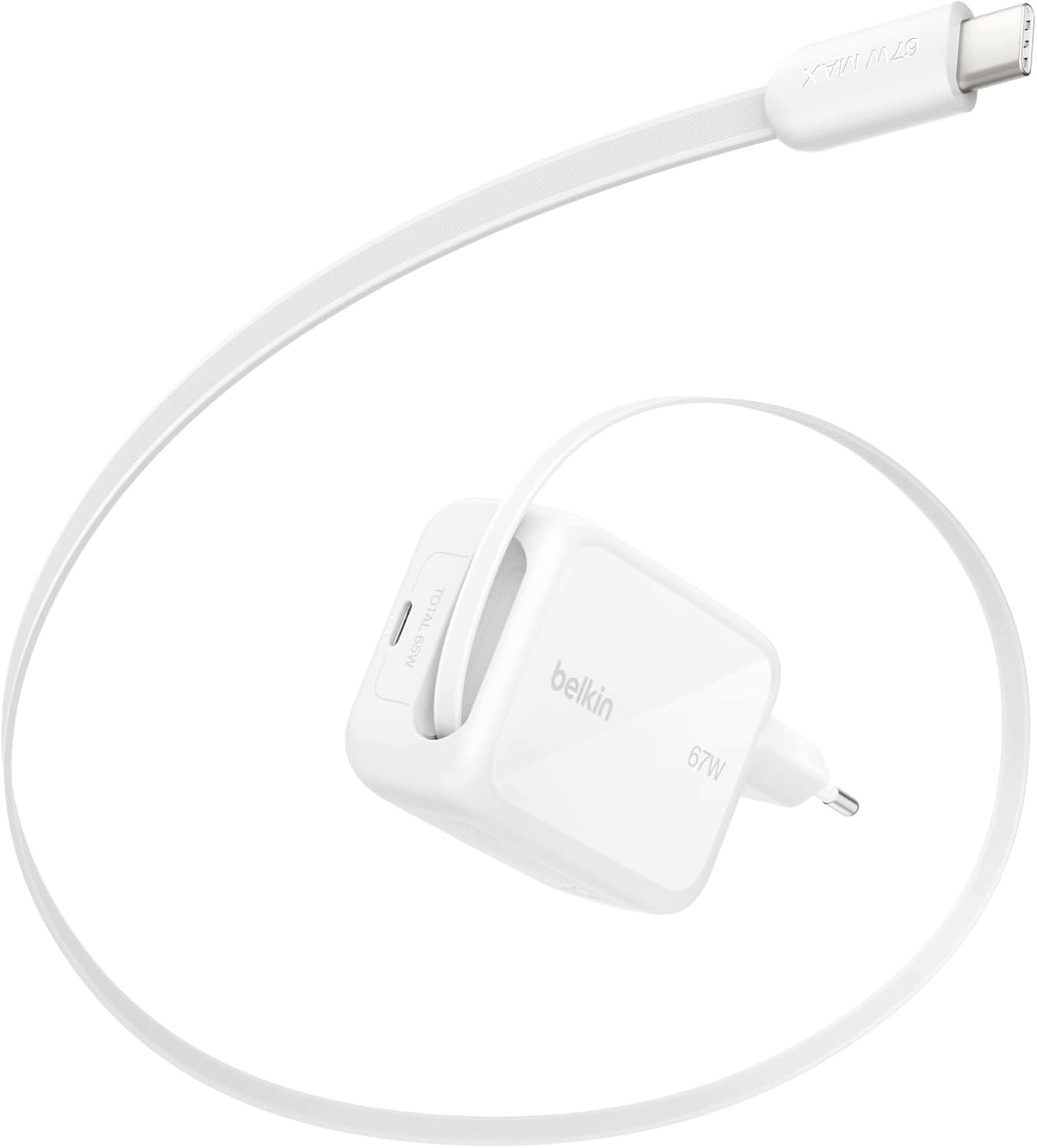 Belkin GaN 67W Usb C rychlá nabíječka bílá cestovní výsuvný kabel