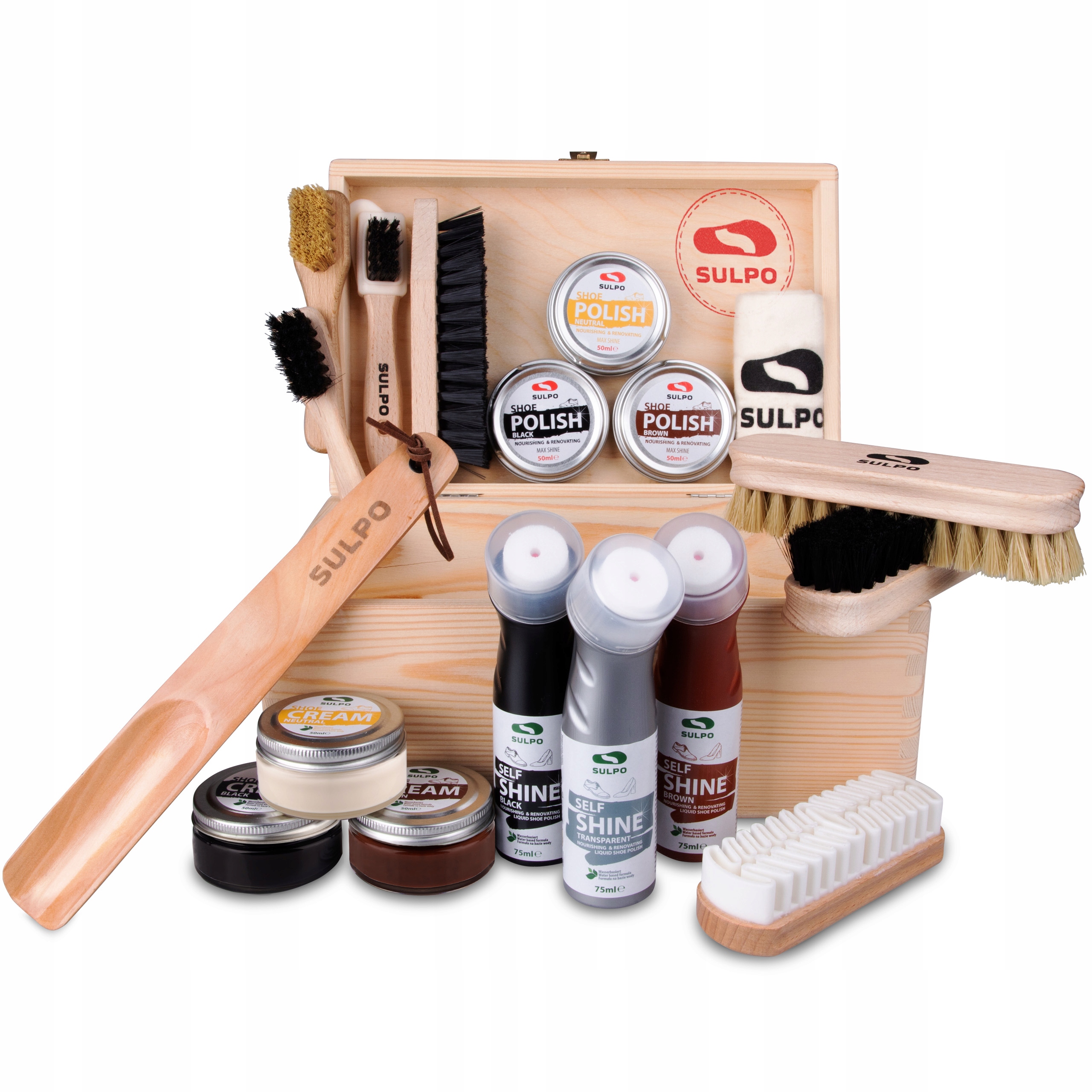 Kartáč na kožené boty semišová pasta Velký Set kufřík dřevěný