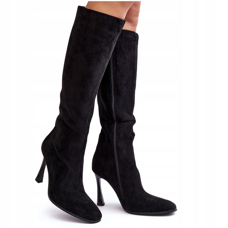 Dámské Kozačky Ke Kolenům Eko Semišové Na Podpatku Se Zipem, Černé, Velikost 38