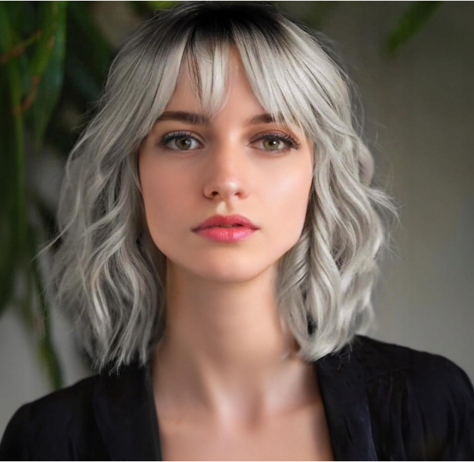 Vlnitá paruka s ofinou Ombre Šedá, syntetická, 30 cm