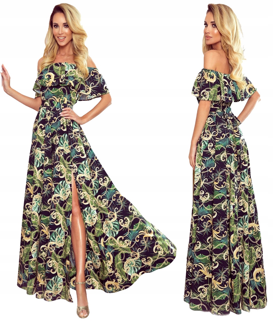 Romantické Dlouhé Šaty Španělský Výstřih S Listy, Zlaté Zdobení Xs