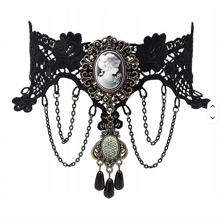 Gotická krajková ozdoba s kameou a řetízky, elegantní retro šperk