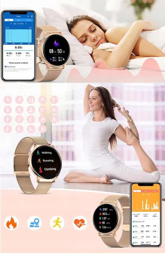 SMARTWATCH ZEGAREK DAMSKI POLSKIE MENU ROZMOWY WIADOMOŚCI 4 PASKI Obsługa ładowania bezprzewodowego tak