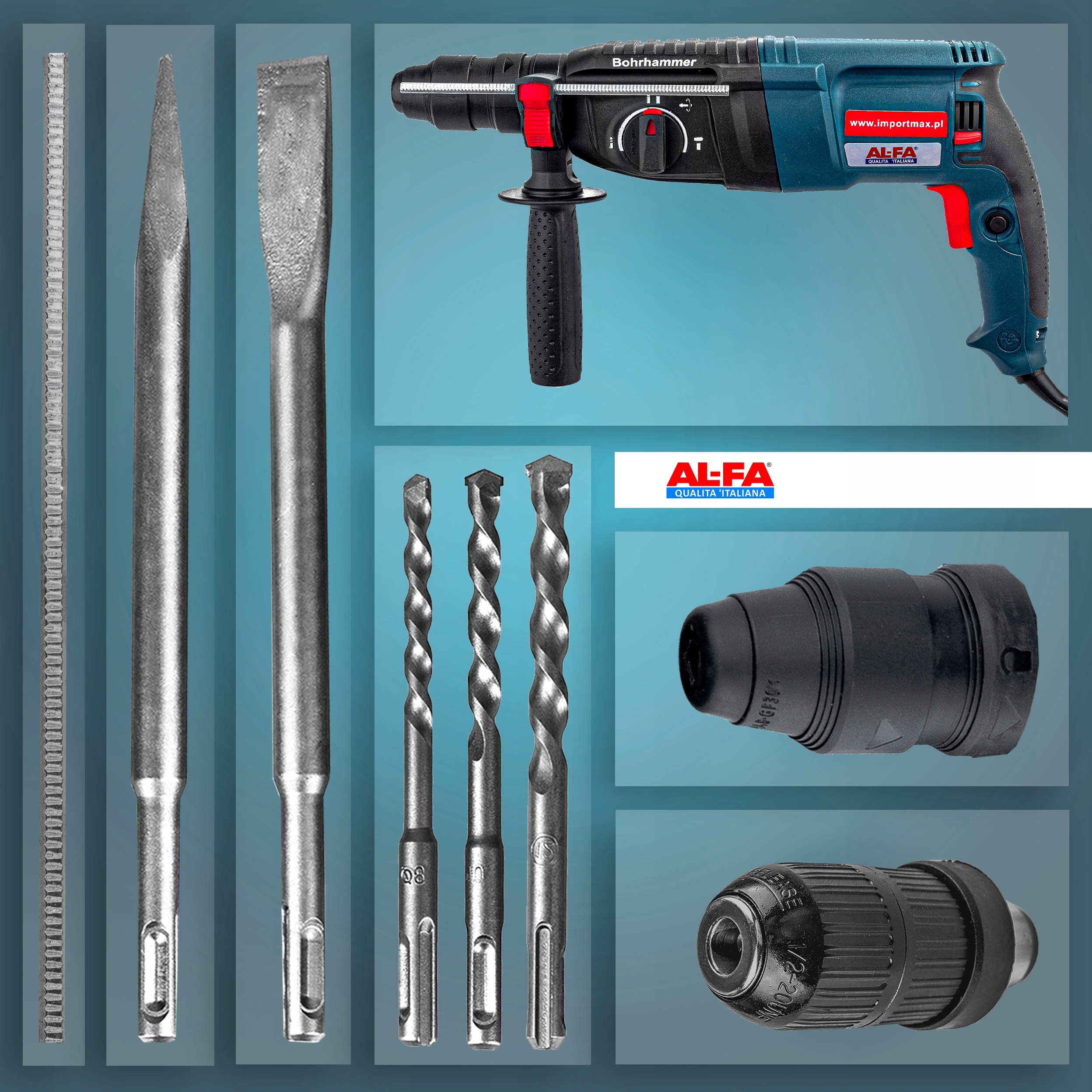 MŁOTOWIERTARKA MŁOT UDAROWY SDS+ MOCNA WIERTARKA Z UDAREM 2500W ZESTAW Marka AL-FA