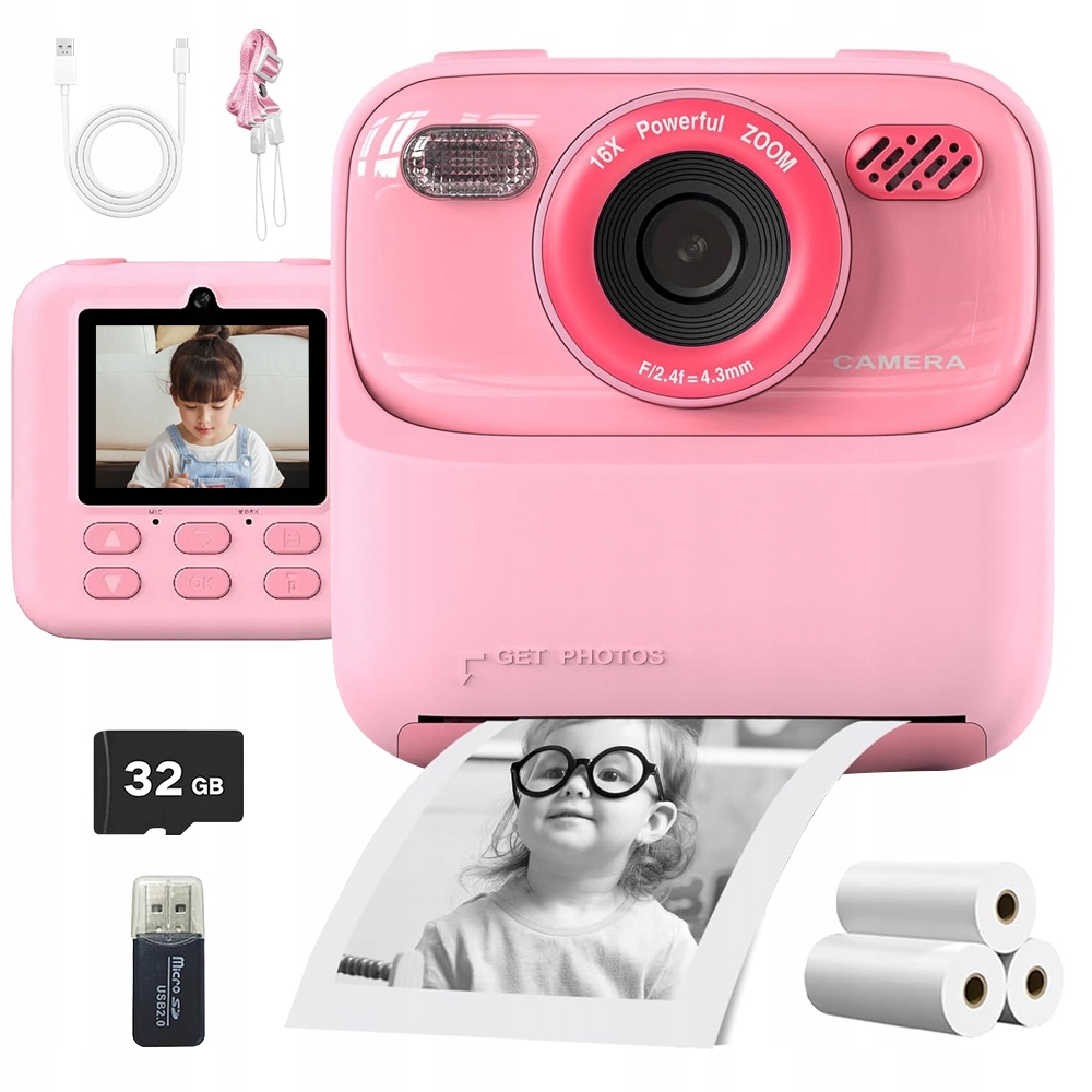 Kamera S Okamžitým Tiskem 32 G A Přehrávačem MP3 V Růžové Barvě
