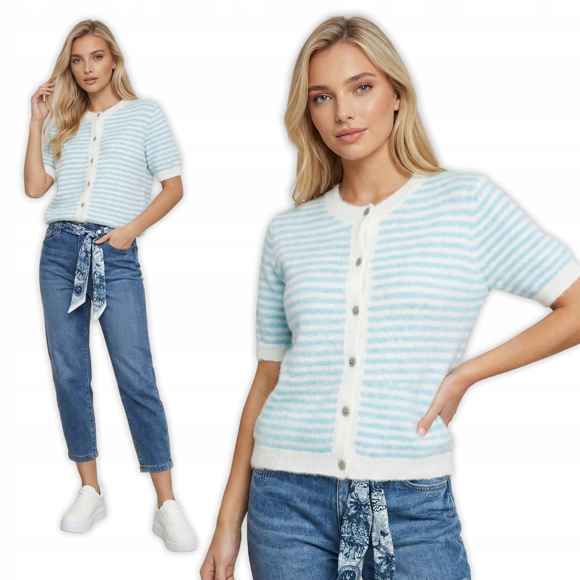 Dámský rozepínací svetr s proužky a krátkým rukávem, modrý S/m