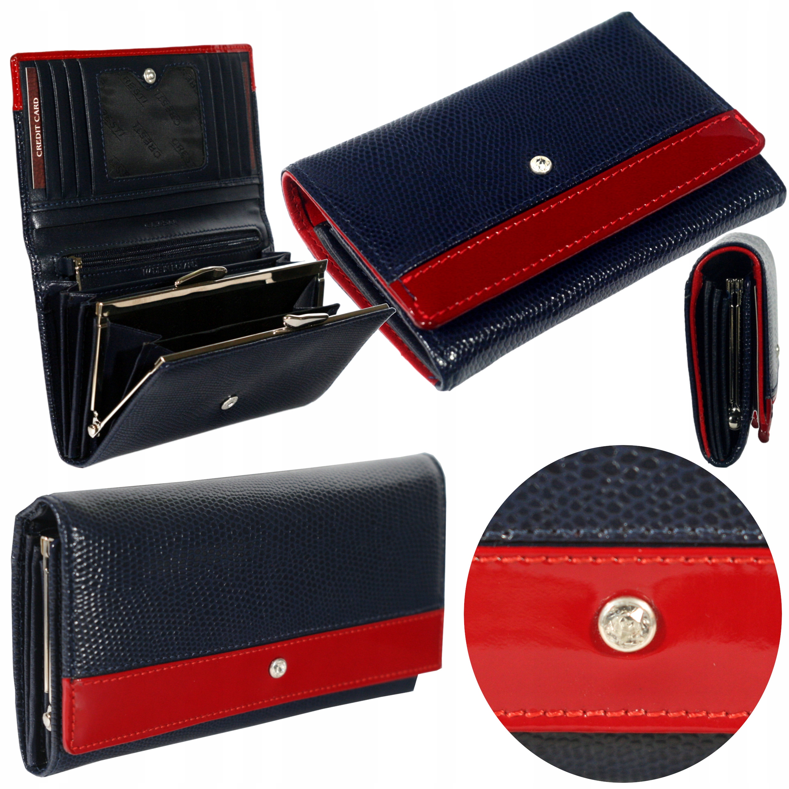 Dámská kožená peněženka námořnická modrá s malými krystaly Swarovski polská výroba