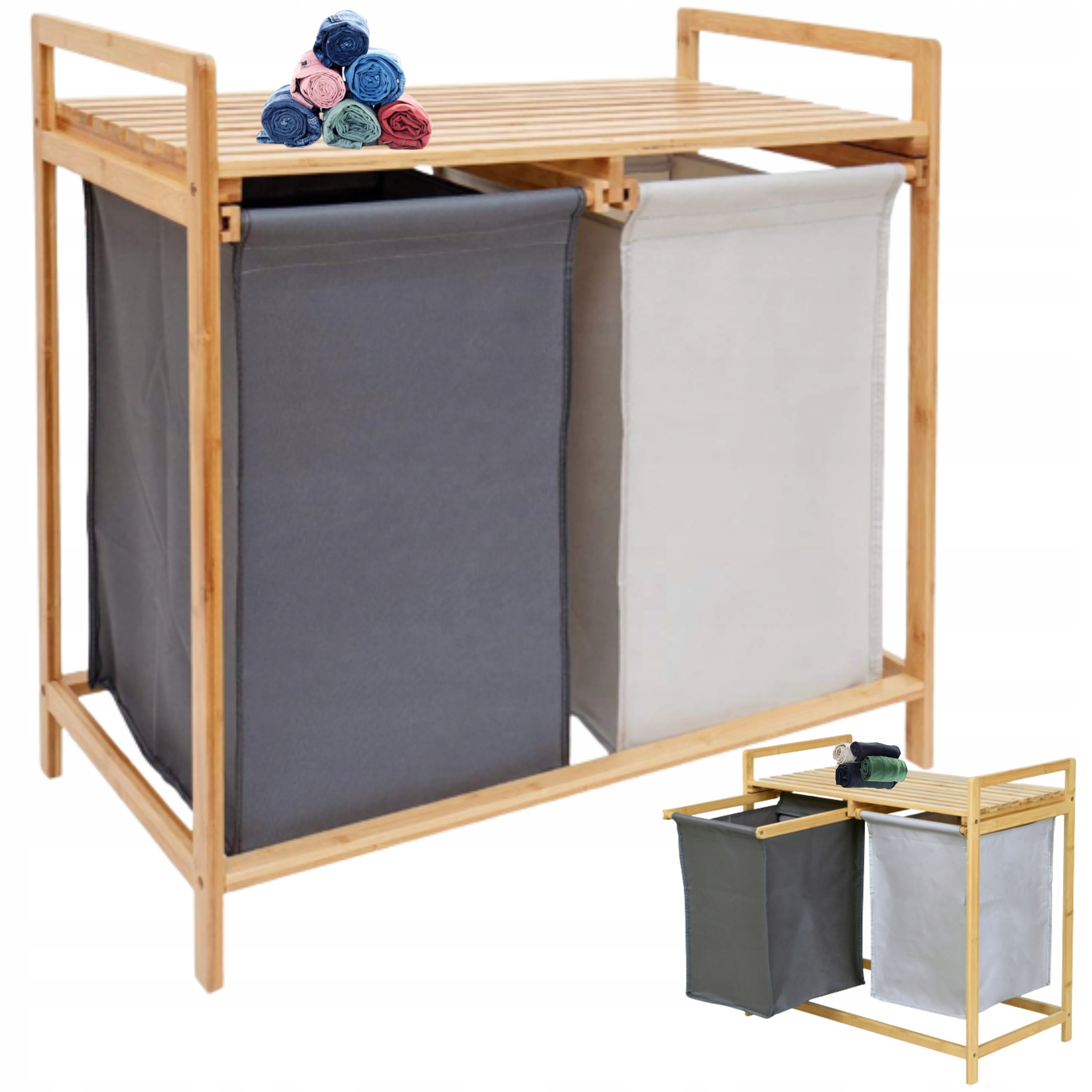 KOSZ NA PRANIE BAMBUSOWY PODWÓJNY 80L REGAŁ LOFT Premium KOSZ WOLNOSTOJĄCY