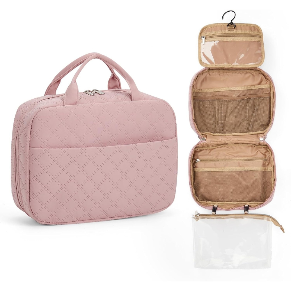 Závěsná dámská cestovní kosmetická taška – růžová, velká a prostorná (A3)