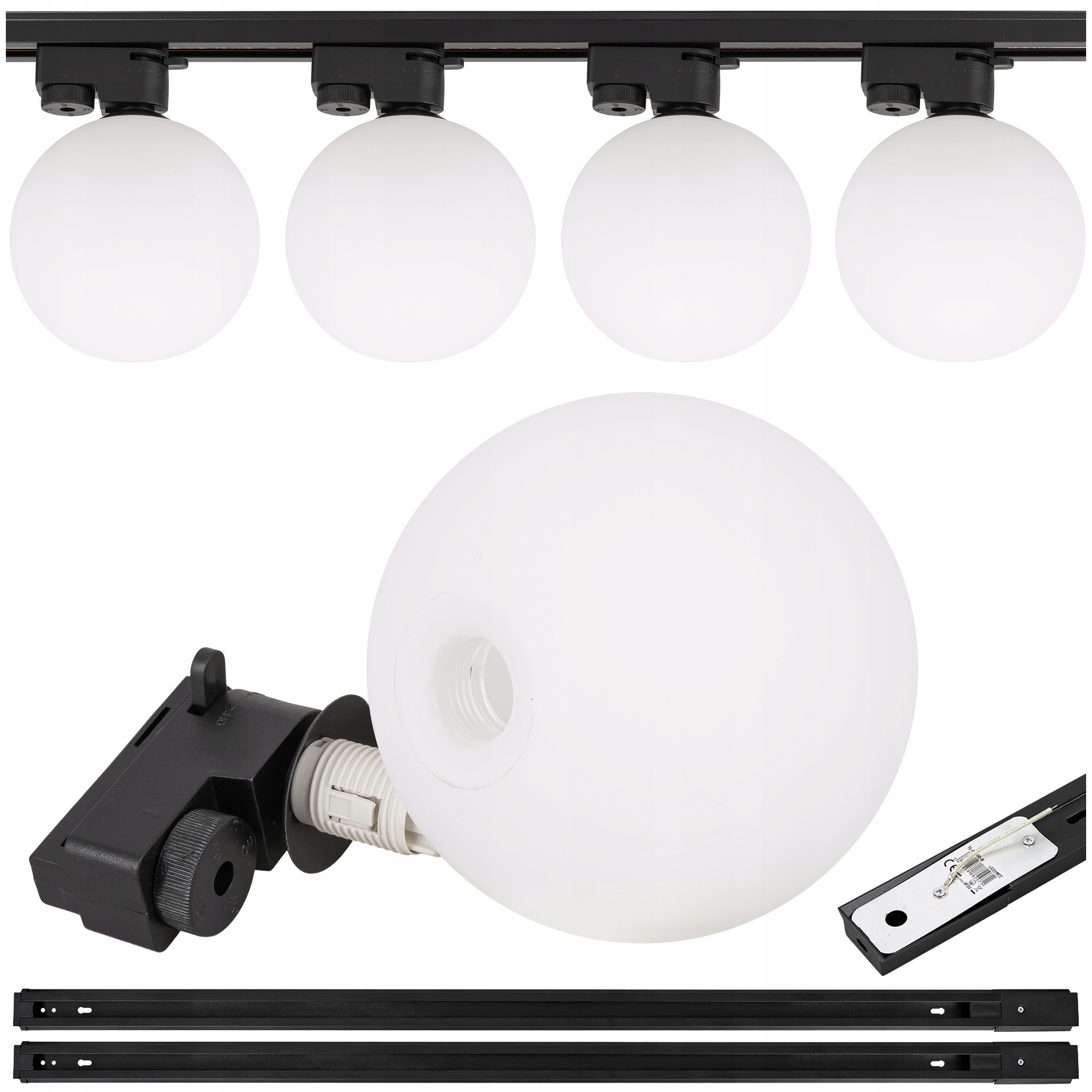 Osvětlení kolejnicové 2x kolejnice 1 m 4x svítidlo bílé stínidlo koule Led lampa G9