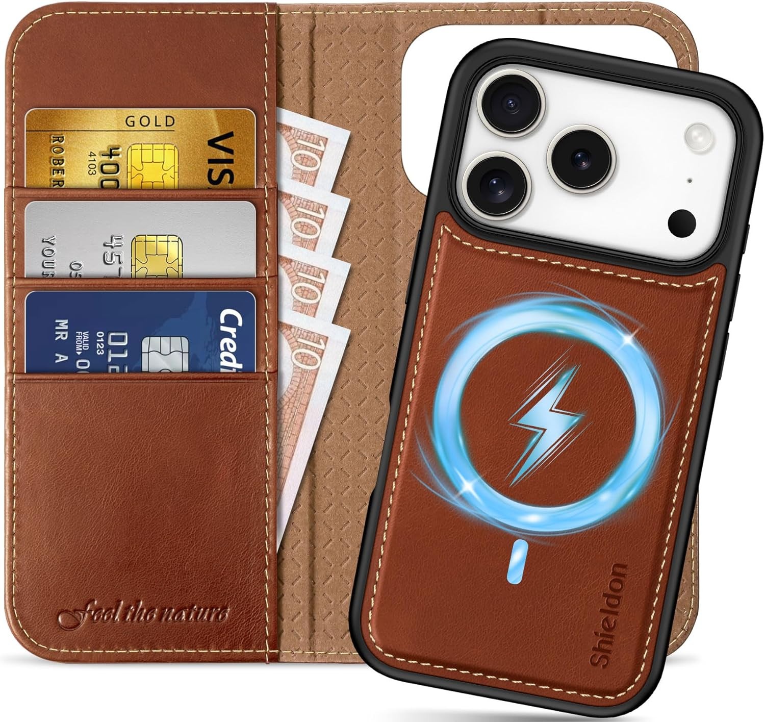 Flipové pouzdro Zadní Kryt Magsafe 2v1 Shieldon Pravá kůže pro iPhone 17 Pro