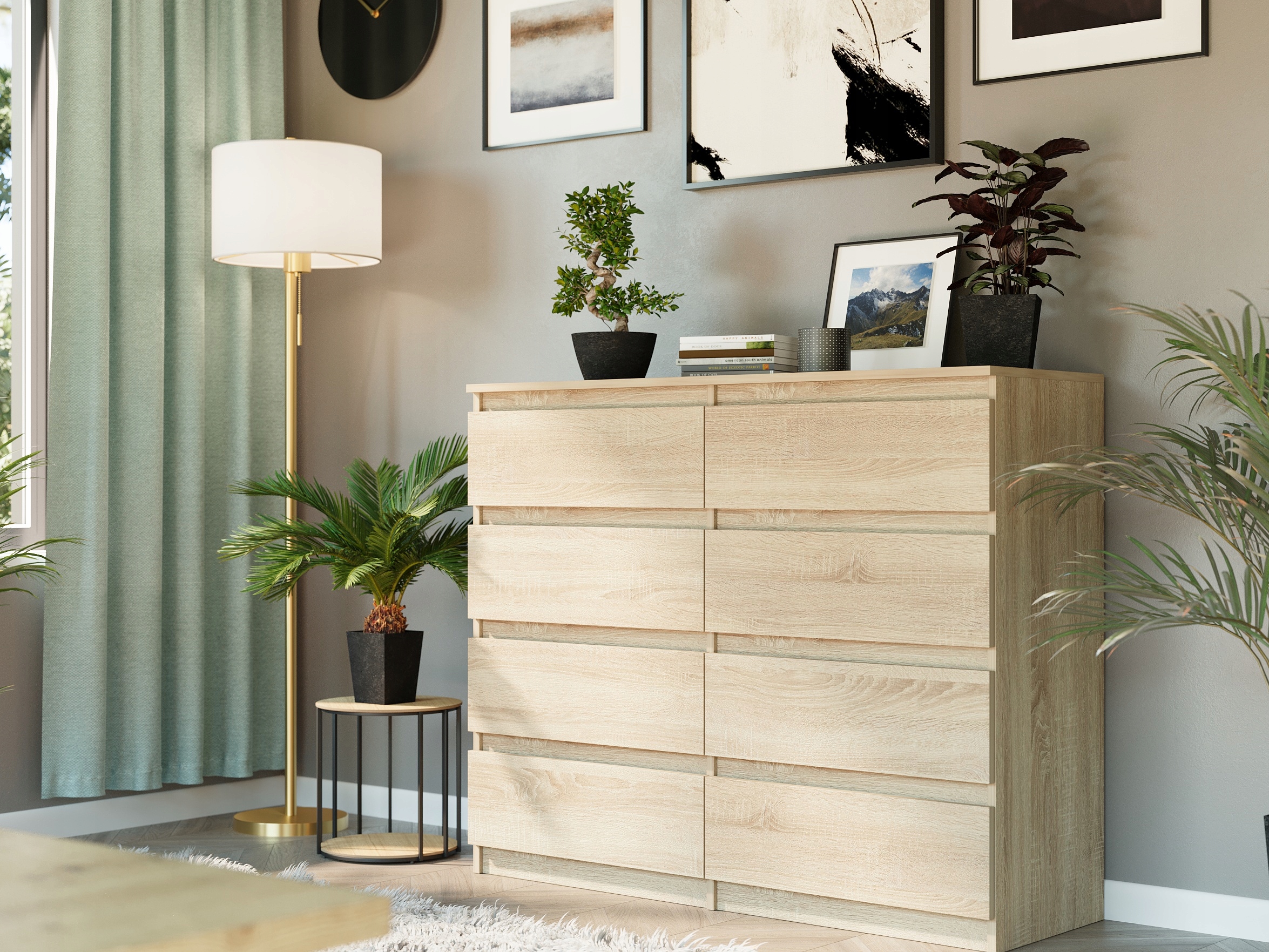 Nowoczesna KOMODA 140CM SZAFKA 8 SZUFLAD Sonoma PL