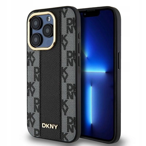 Dkny kožený kostkovaný mono vzor MagSafe iPhone 15 Pro Max Pouzdro – černý