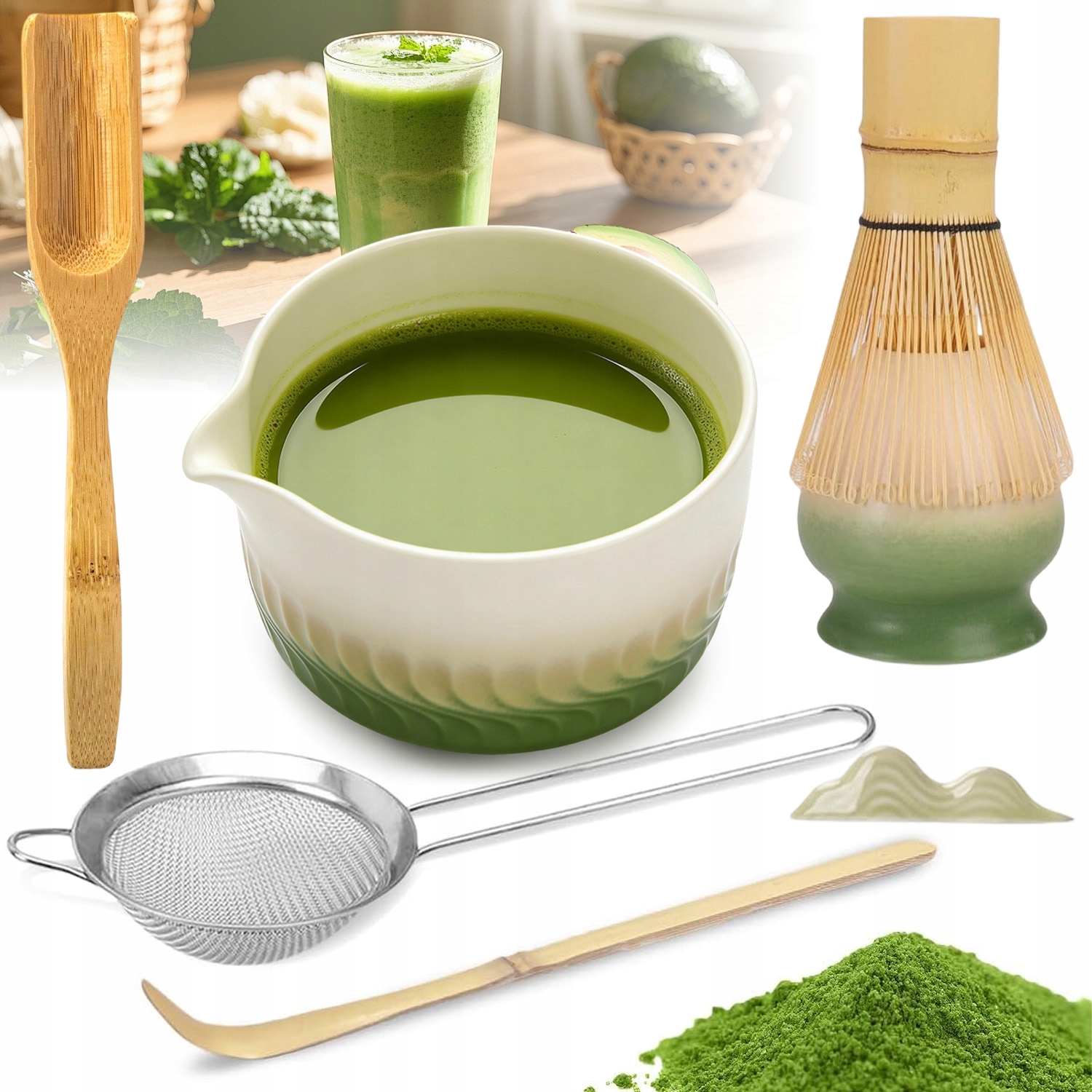 Zestaw Prezentowy Do Herbaty Matcha Czarka Miotełka Podstawka Łyżeczka
