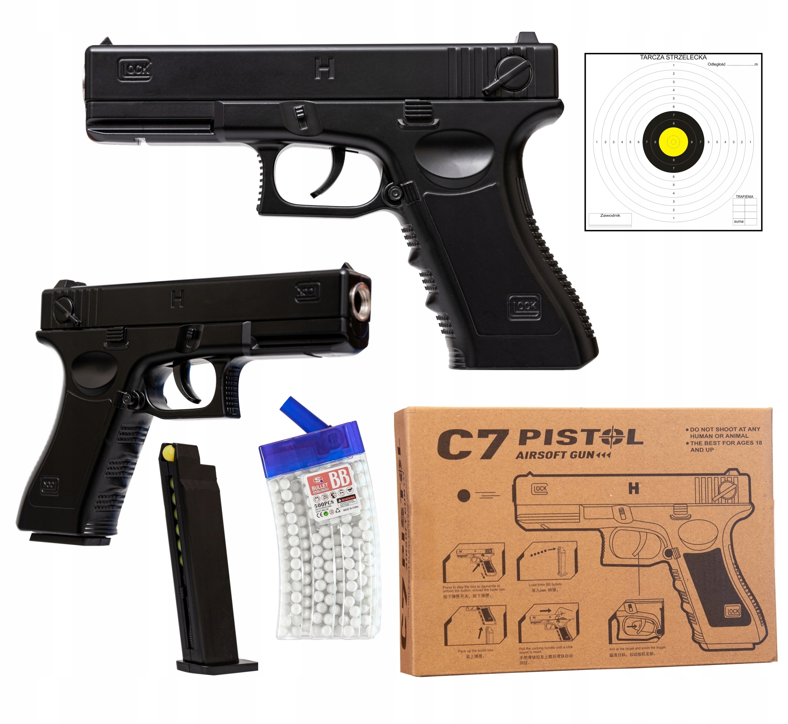 

Pistolet Na Kulki Metalowy Glock 500 Kulek Tarcza