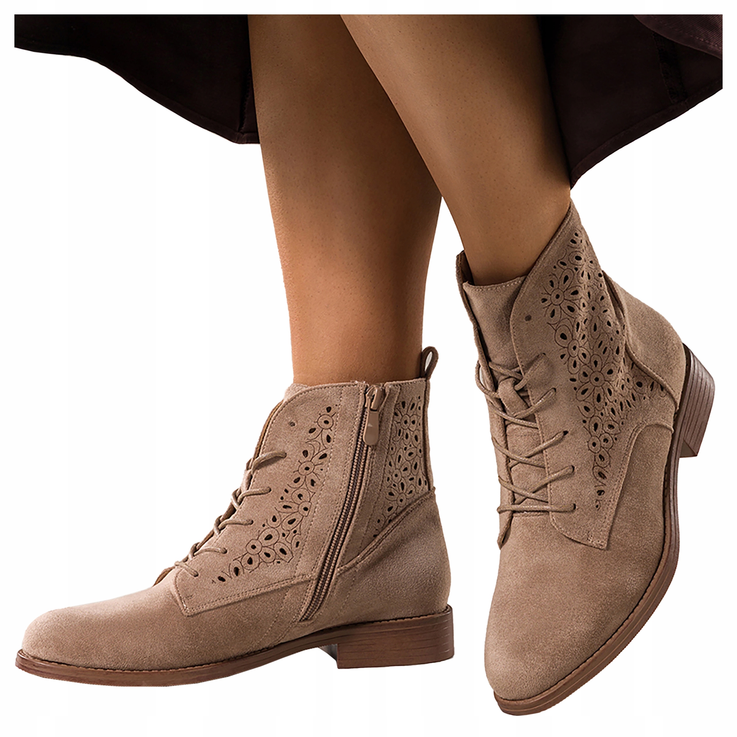 Béžové dámské kotníkové boty Ažurové Ploché Pohodlné Boty Jaro Podzim Lehké vel 40