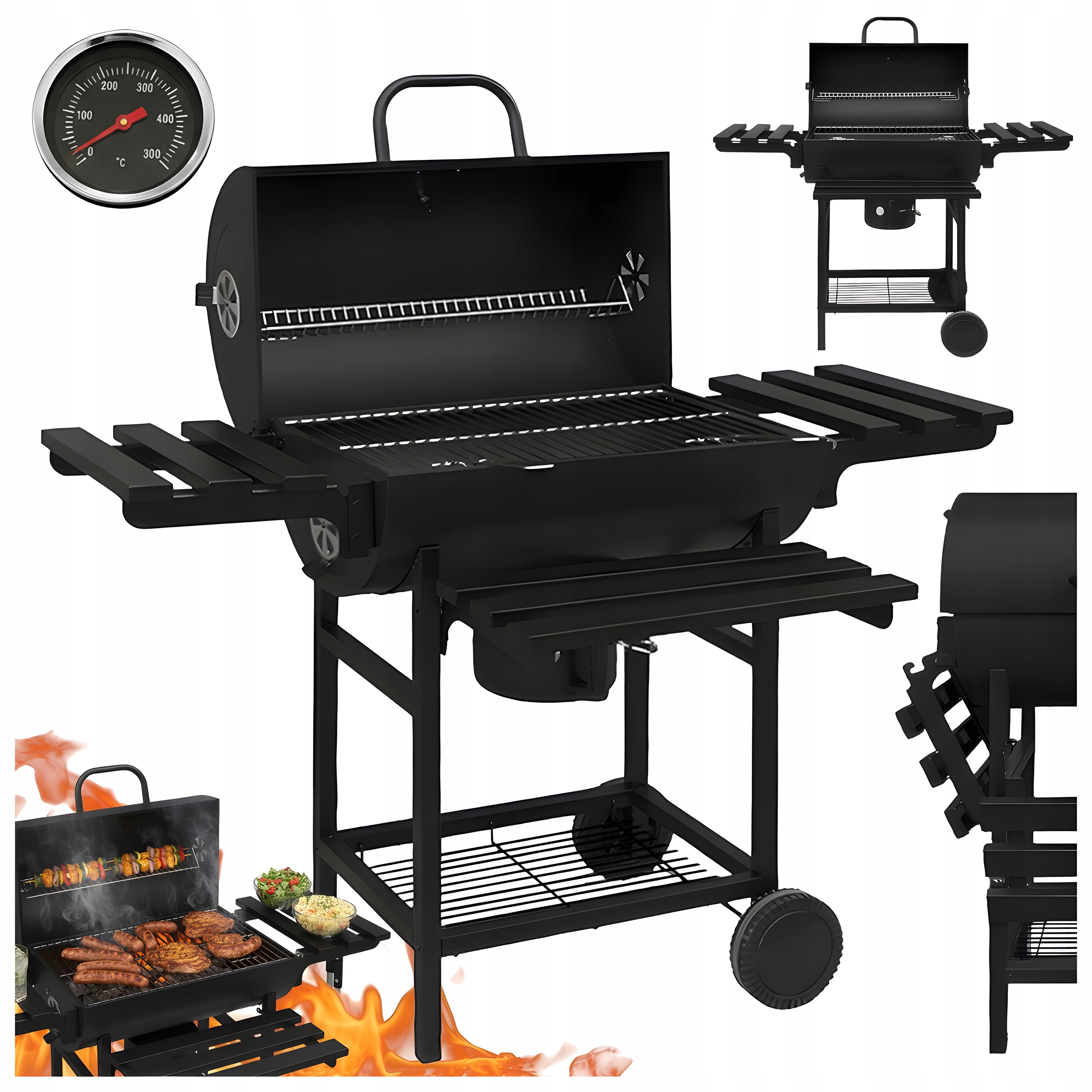 Grill Ogrodowy Bbq Węglowy Beczka Pokrywa Półki Termometr Popielnik 3 Blaty