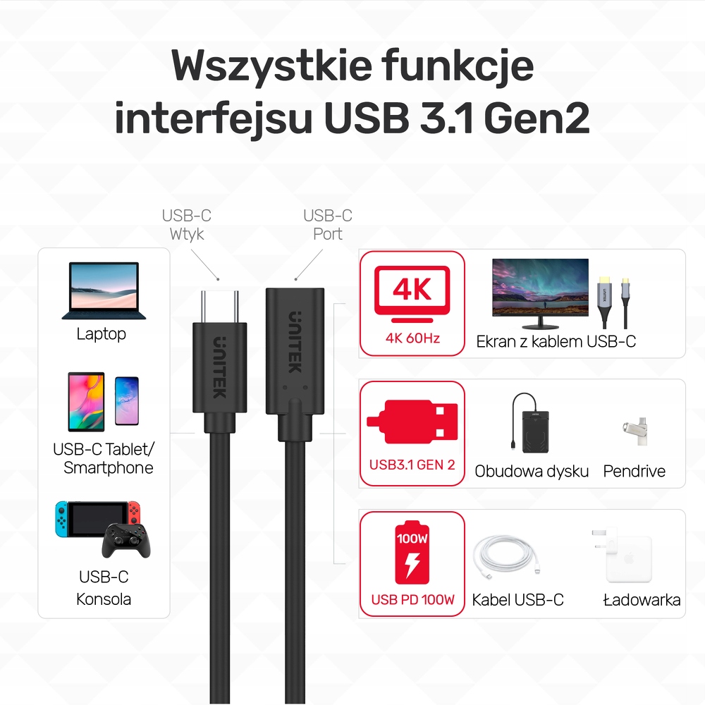 Przedłużacz USB-C 10Gbps 4K, PD 100W 1,5 m Unitek EAN (GTIN) 4894160047632