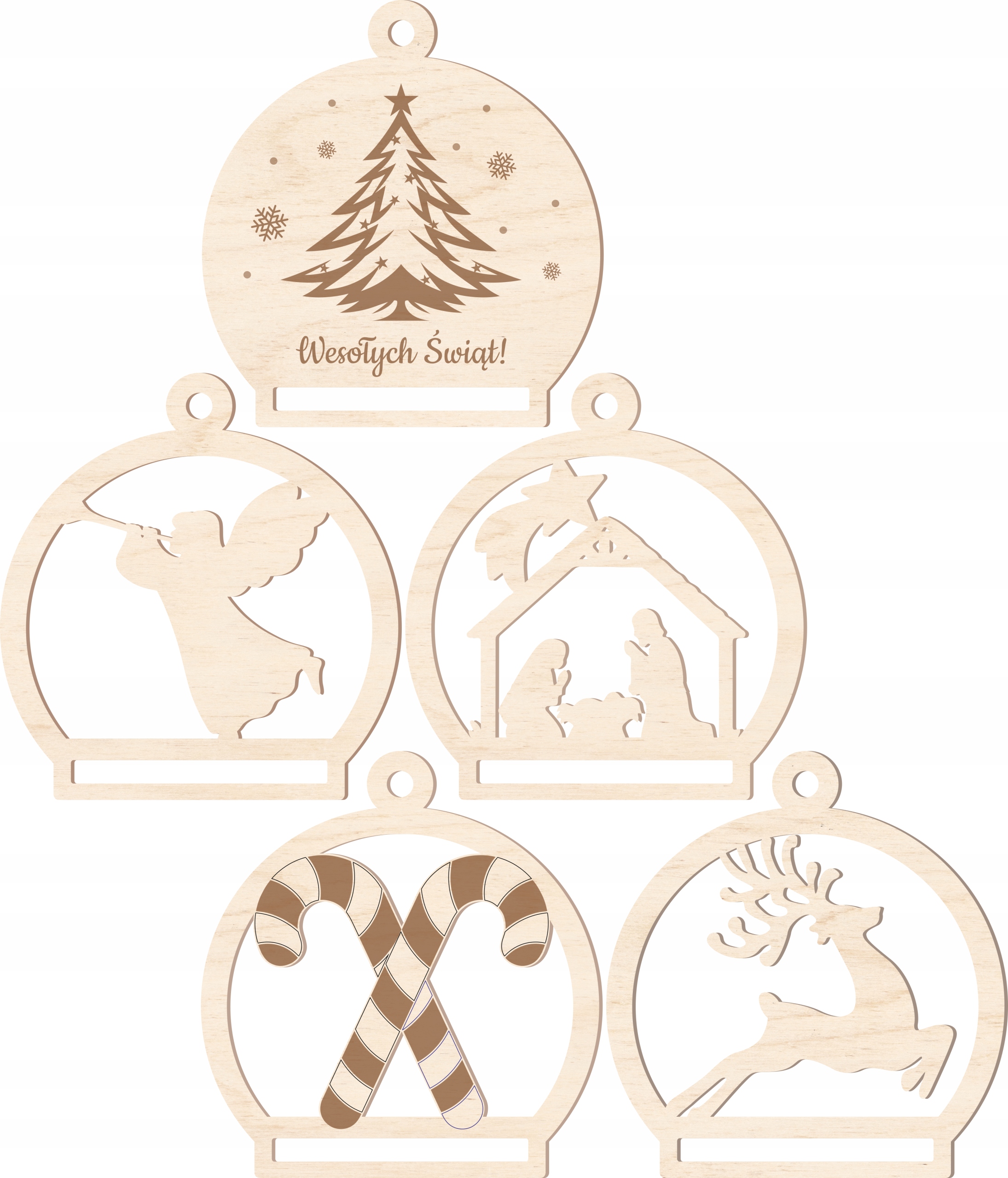 DREWNIANE BOMBKI CHOINKOWE ŚWIĄTECZNE ZAWIESZKI NA CHOINKĘ BAZA MAKRAMA x 5 Kolor odcienie brązu i beżu