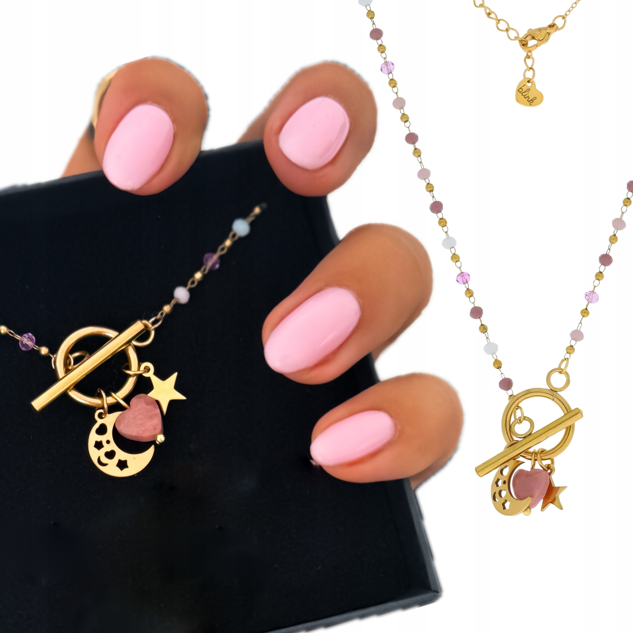 Pozłacany naszyjnik z koralikami kamień księżyc serce dla niej róż