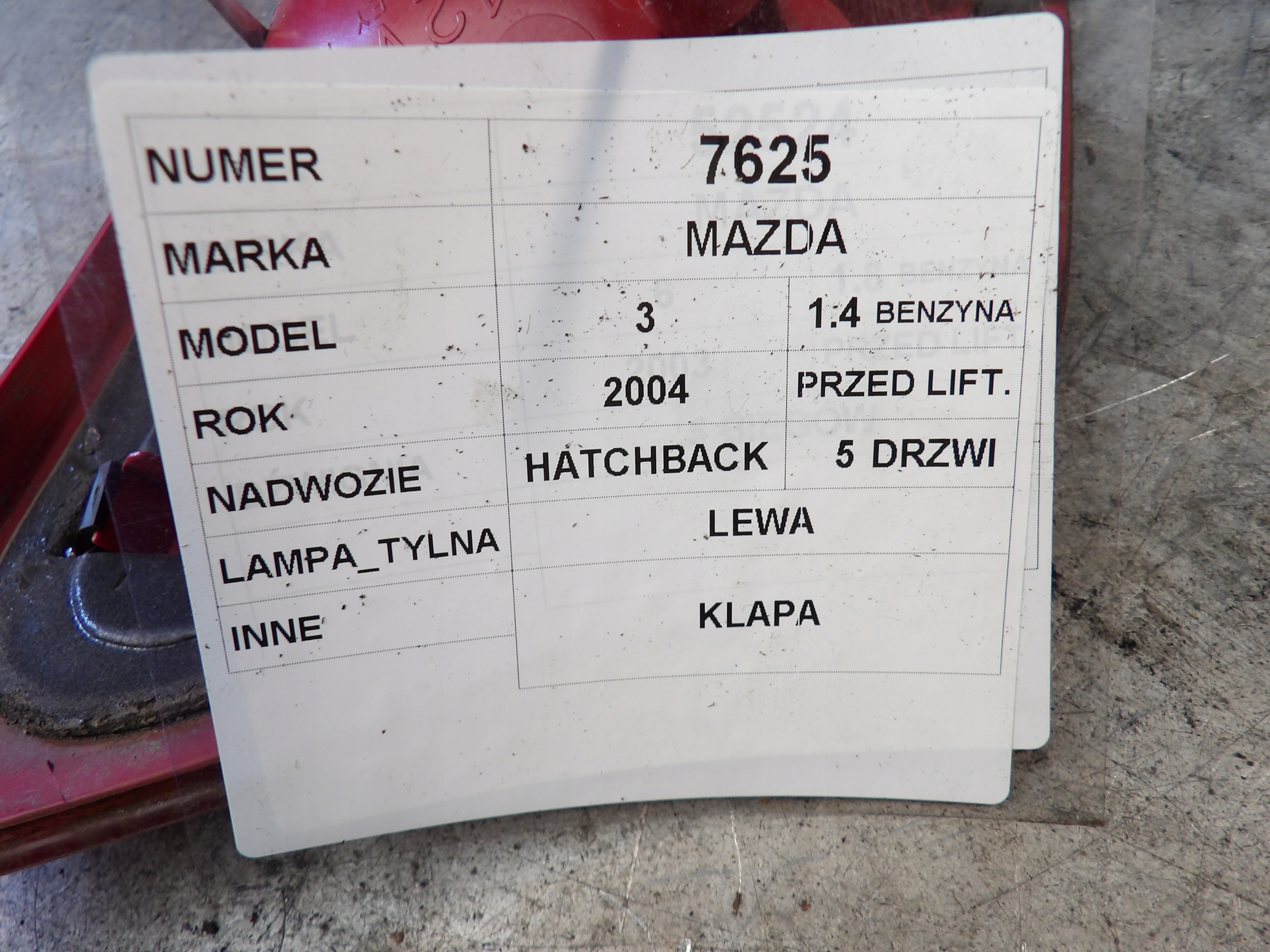Mazda 3 light rear left trunk door