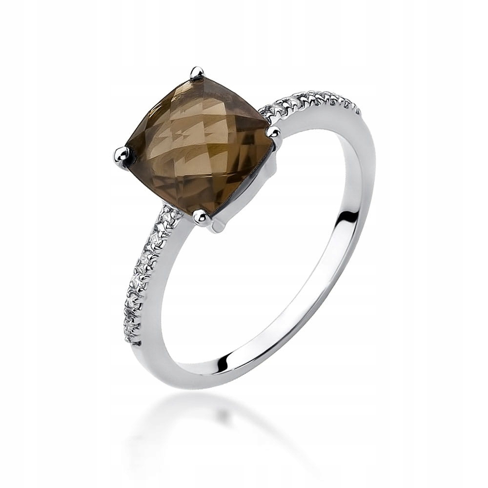 

Białe Złoto Pierścionek Kwarc Dymny Brylant Grawer