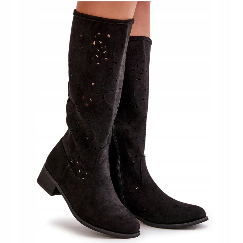 Dámské Ažurové Kozačky S Nízkým Podpatkem, Eko Semiš Na Zip, Černé, Velikost 38