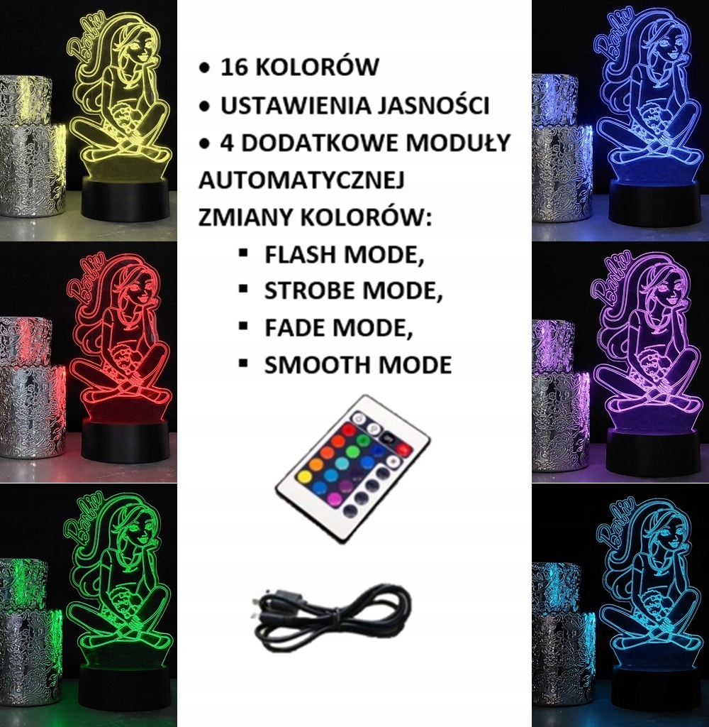 LAMPKA NOCNA BARBIE 3D LED RGB PILOT NA PREZENT Rodzaj gwintu zintegrowane źródło LED