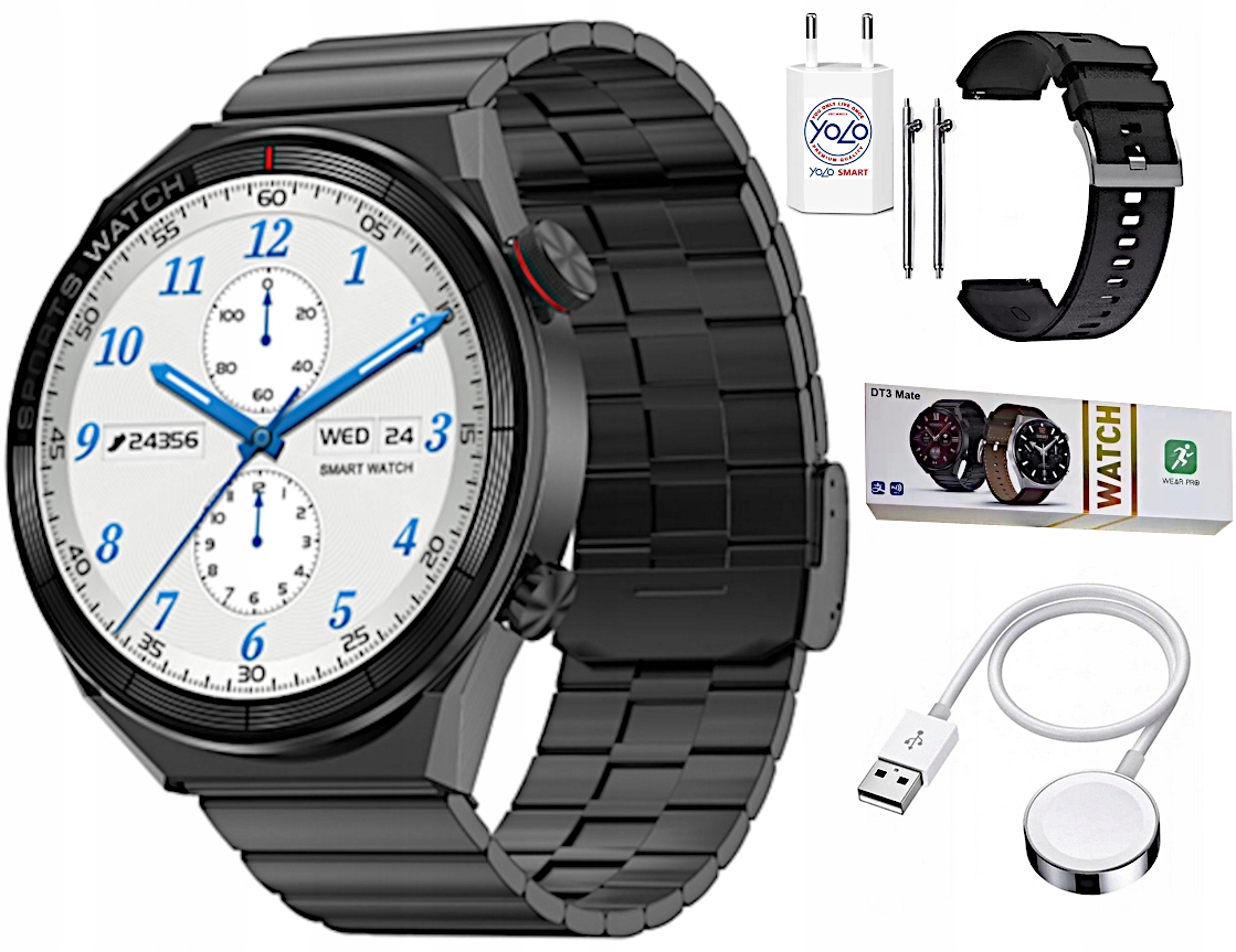 SMARTWATCH ZEGAREK MĘSKI ROZMOWY POLSKIE MENU SMS ZDROWIE NFC 2 PASKI E99