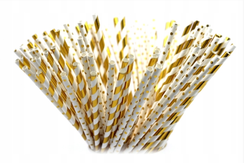 SŁOMKI RURKI PAPIEROWE paski kropki złote 10szt Materiał papier
