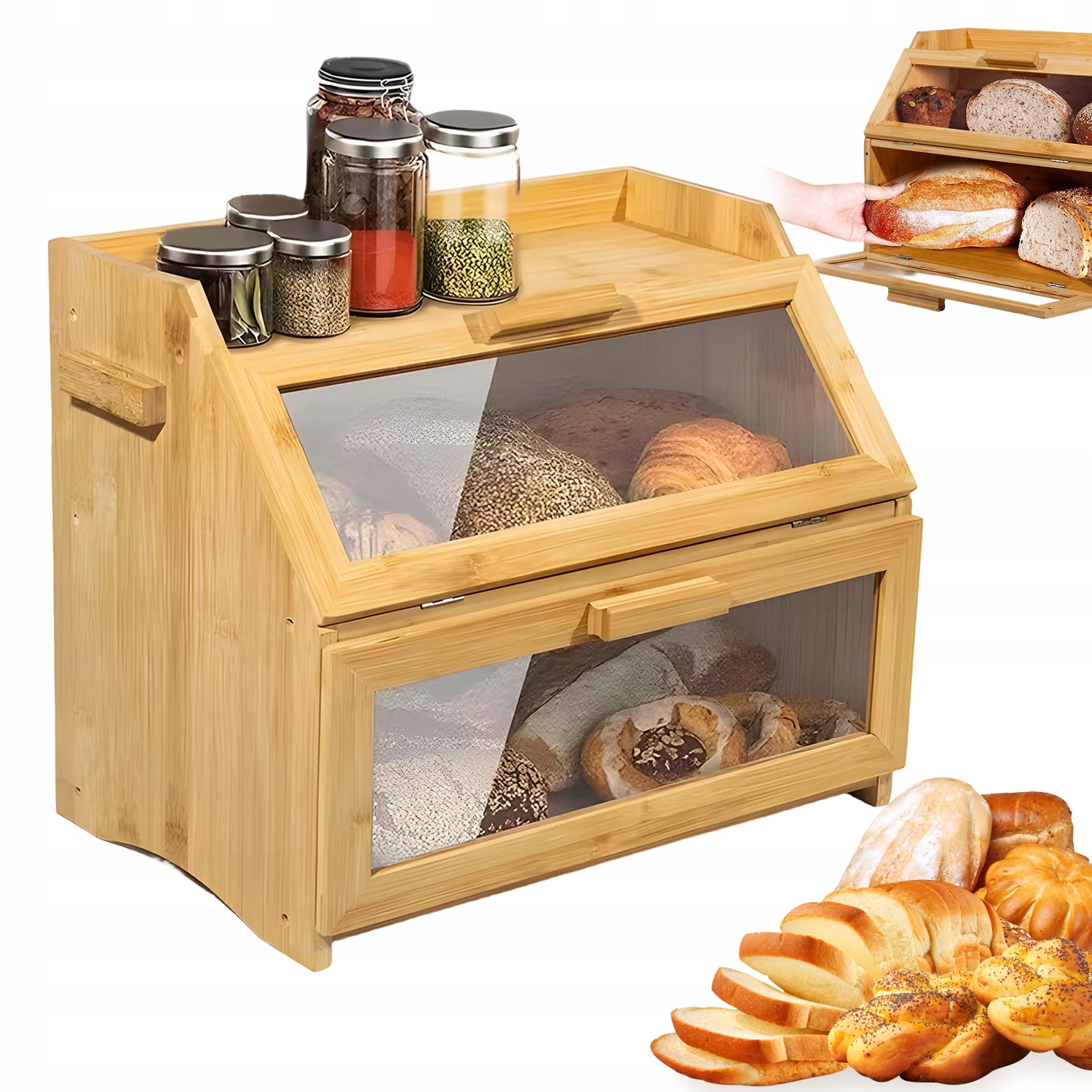 Velký chlebník Nádoba na pečivo 2 úrovně s přírodním okénkem