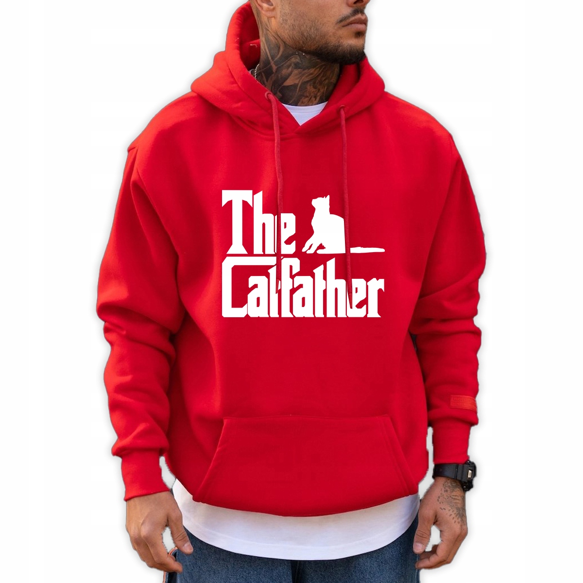 Mikina Červená S Kapucí Pánská Dárek pro kočičky The Catfather Vzorky L