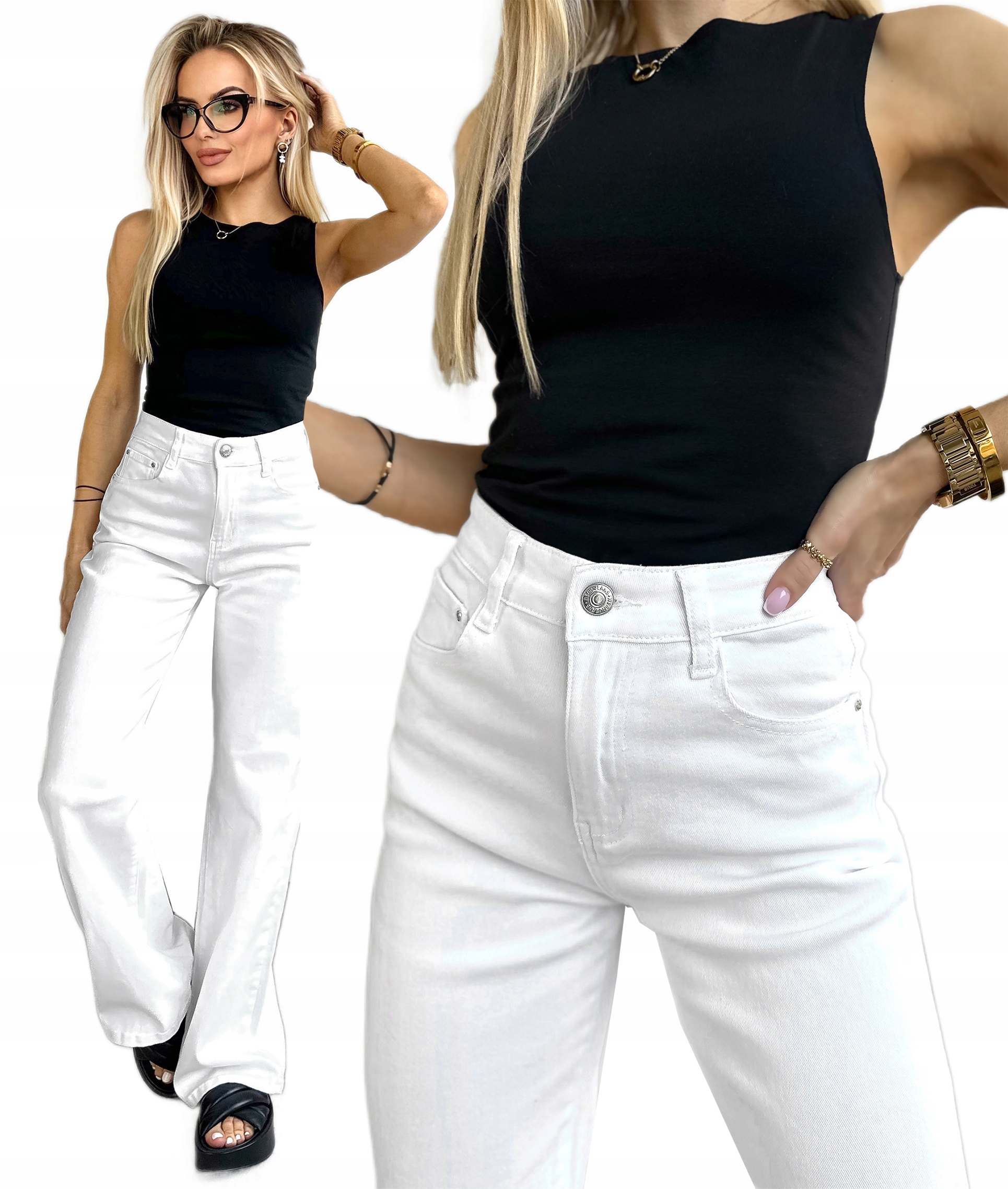 Białe Spodnie damskie Jeansy wysoki stan Wide Leg Push-up XL Lulu