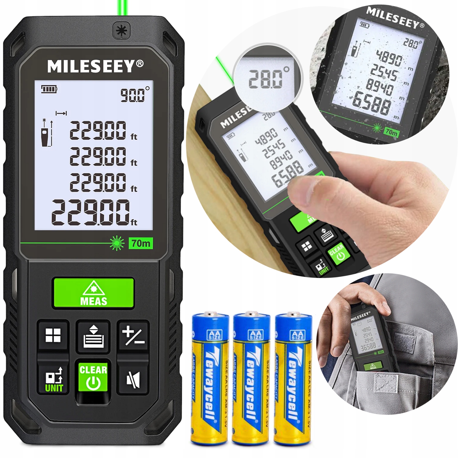 Dalmierz Z Zielonym Laserem Cyfrowy Wodoodporny Miernik Odległości 70m LCD