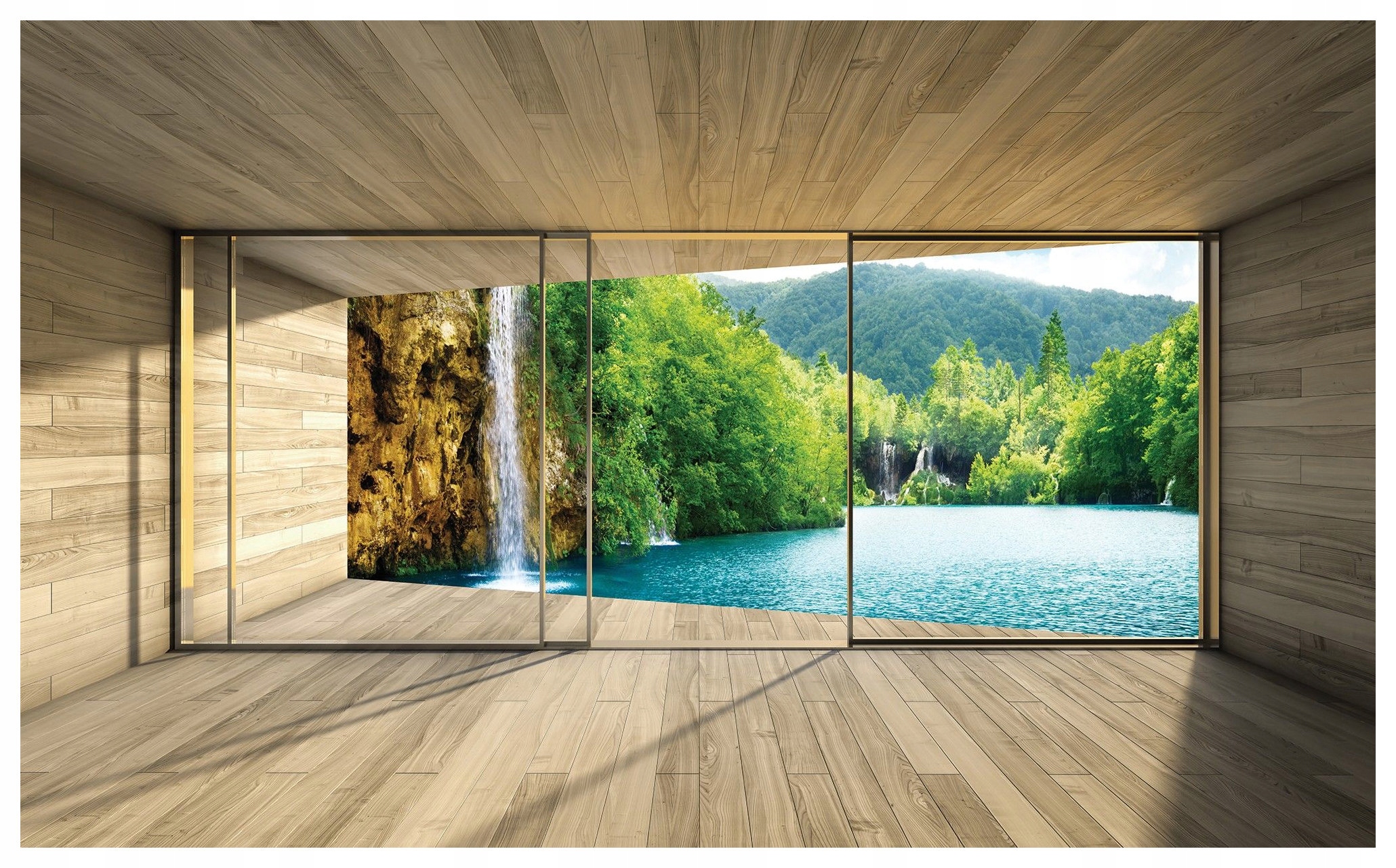 Fototapeta Vodopád Jezero Dřevěný dům vinylová 416x254 iluze 3D lepidlo