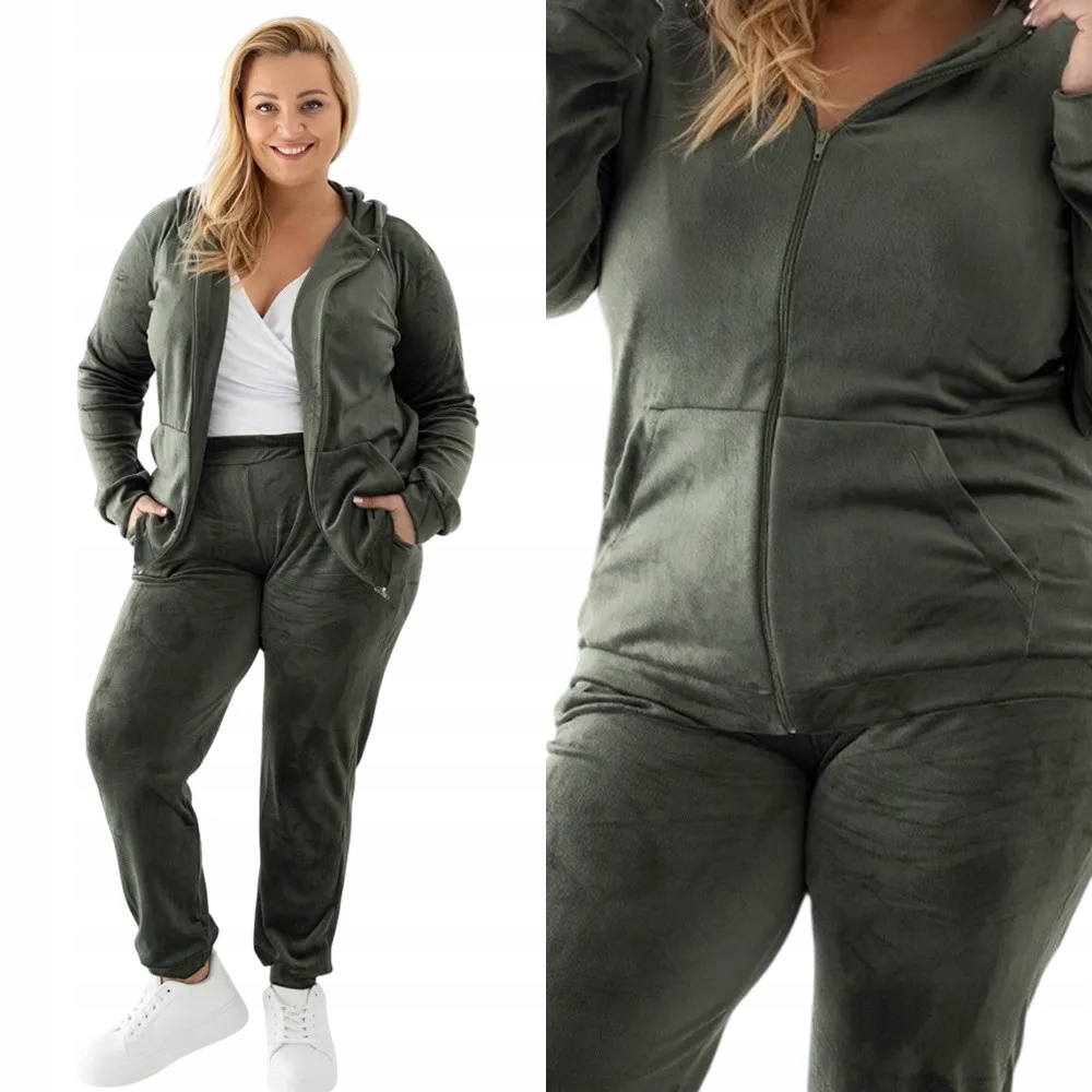Dámský Teplákovka Velurový komplet s kapucí 4XL /48 khaki