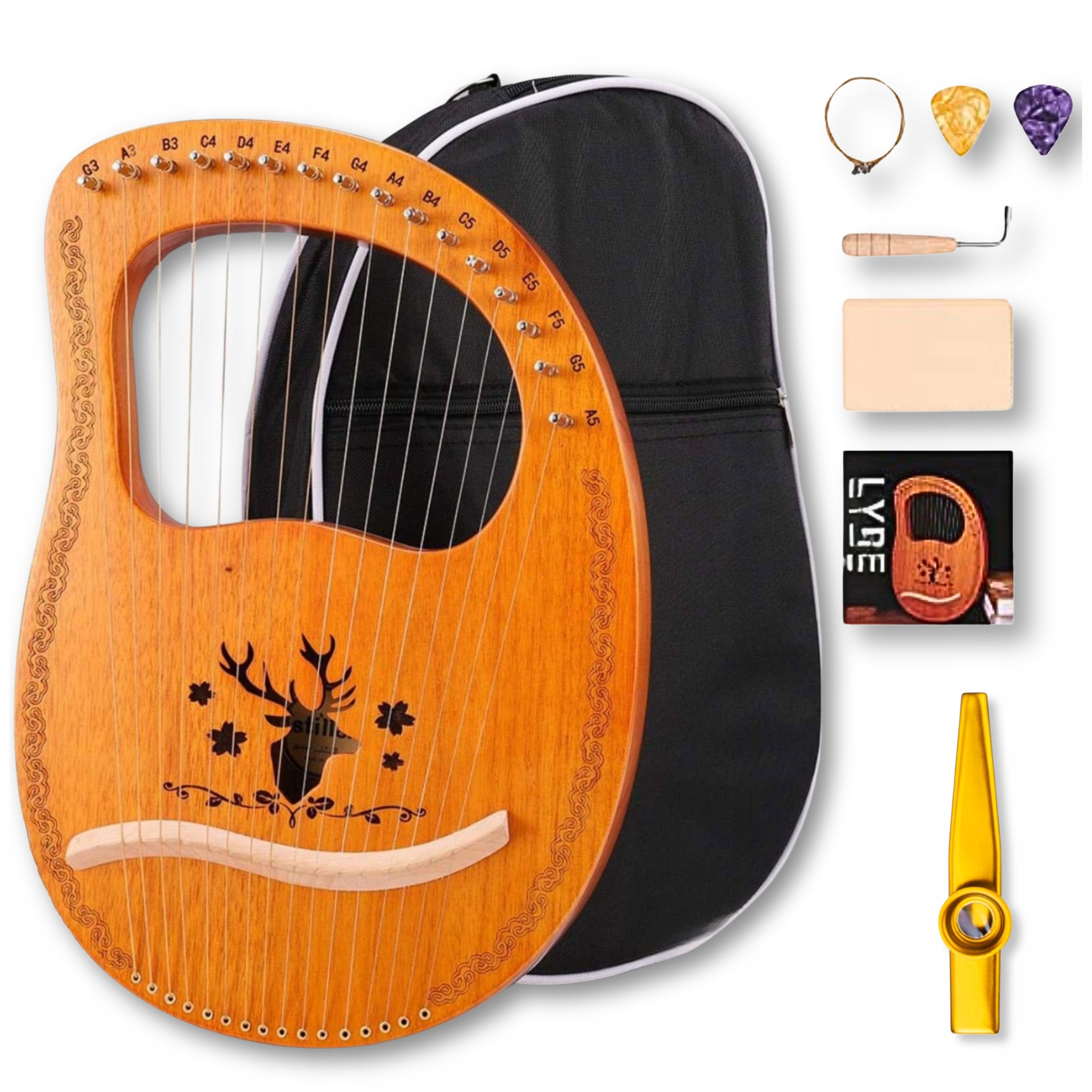 Lira rudá 16-strunová dřevěná Pouzdro sada strun, kostek, klíč ostatní