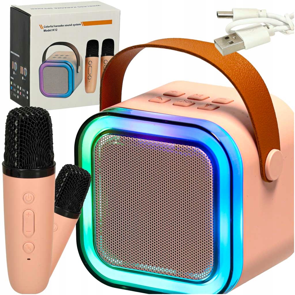Zestaw do karaoke 2 mikrofony głośnik przenośny Bluetooth Usb Led różowy