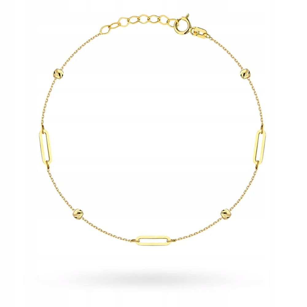 Zlatý náramek 585 s diamantovými kuličkami a plechy na řetízku s regulací