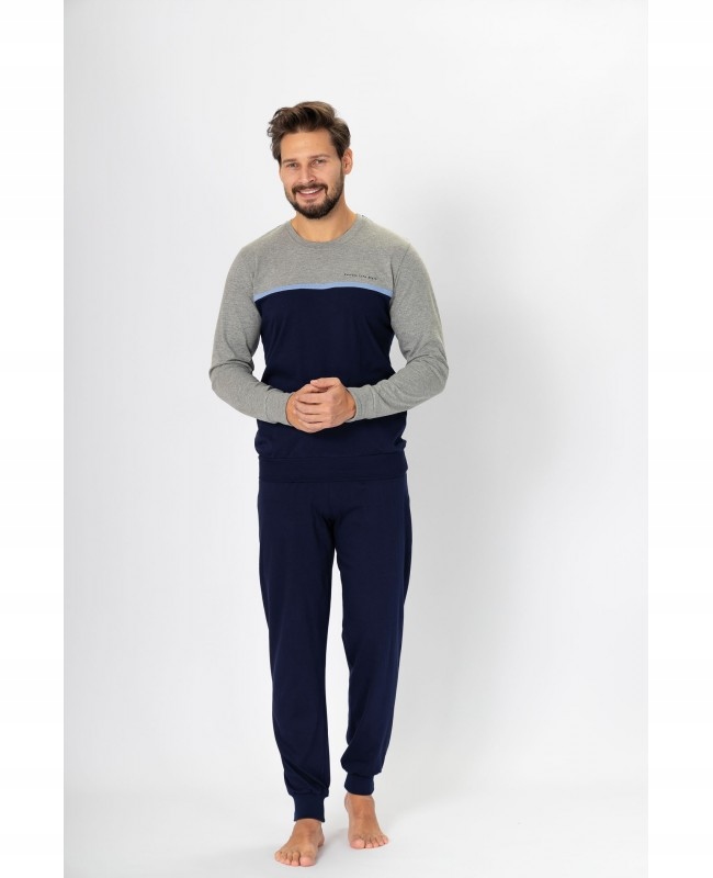 Pánské bavlněné pyžamo Kasjan s dlouhým rukávem a melanžovými manžetami, bavlna 100%