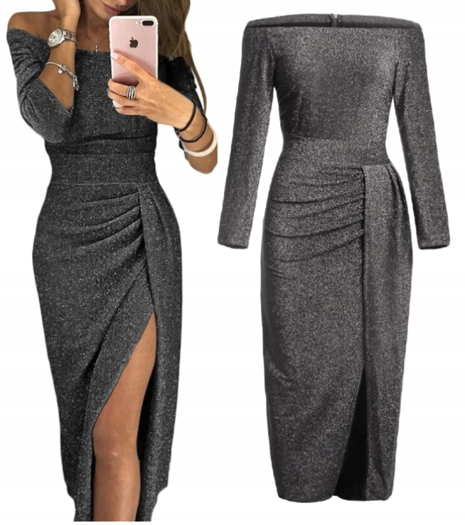 

Błyszcząca Sukienka Rozcięcie Czarny L XL 40 42