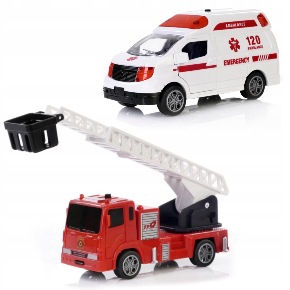 ZESTAW AUT MIEJSKICH POGOTOWIE + STRAŻ POŻARNA ŚWIATŁO DŹWIĘK NAPĘD Marka Artyk