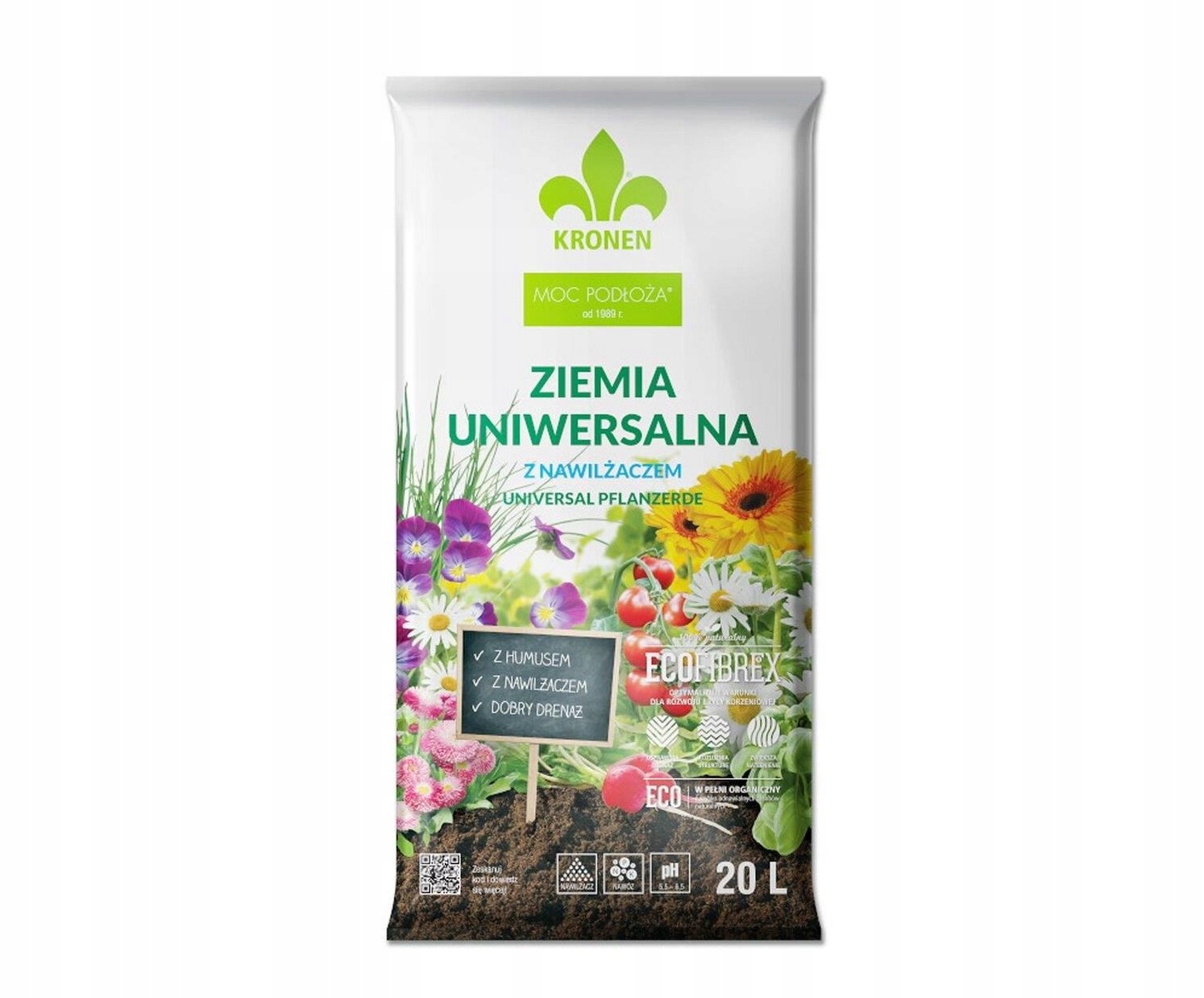 

Ziemia uniwesalna Kronen pH 5,5-6,5 20l z nawilż.